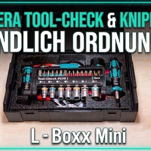 Könnte beinhalten: Ein schwarzer L-Boxx Mini Werkzeugkoffer mit einem Wera Tool-Check Plus Set, bestehend aus verschiedenen Bits, Nüssen und einem Handgriff, sowie Knipex Zangen. Der Text WERA TOOL-CHECK & KNIPEX: ENDLICH ORDNUNG! und L-Boxx Mini ist zu sehen.