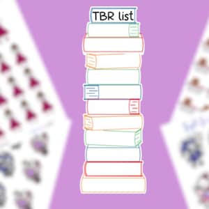 May include: A central sticker featuring a vertical stack of books with the text TBR list on the top spine, flanked by two blurred sheets of small, colorful character stickers against a solid light purple background.