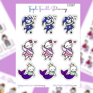 Colorful Kawaii Journaling Stickers, jester, fairy, mermaid. Hobonichi, Wonderland 222, Aura Estelle friendly.