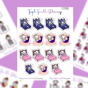 May include: A sticker sheet labeled Triple Trouble Stationery CS33 featuring rows of cartoon characters. The designs include blue figures in beds, mermaids with crowns on shells, and brown-haired figures in pink beds, with social media text.