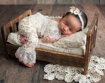 Ivory lace Newborn romper set, Newborn photo prop, newborn romper, newborn girl Lace romper, newborn girl photo prop, baby lace  photo prop,