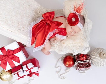 Christmas red newborn romper set with bow, Newborn photo prop, newborn romper newborn lace romper, newborn baby photo prop, baby photo prop