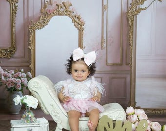 ROMPER ONLY 6-12 month romper photo prop, Baby photo prop, first birthday romper, sitter romper, baby romper pink feather romper, cake smash