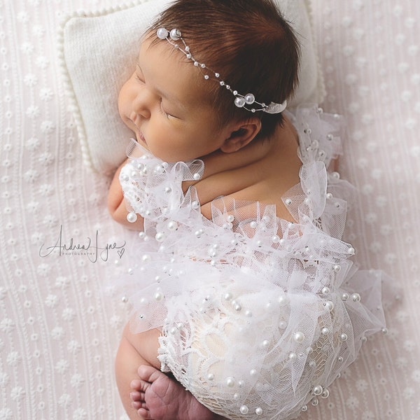 White pearl girl lace Newborn romper set, Newborn photo prop, newborn romper, newborn girl romper, newborn girl photo outfit, pearl romper