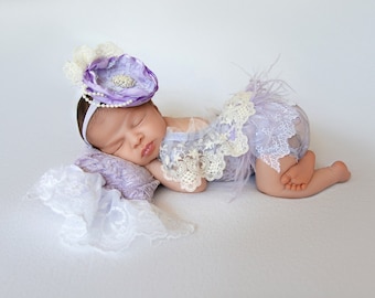 Lace feather baby girl  romper set, Newborn photo prop, newborn romper, newborn Feather romper, newborn baby photo prop, lavender newborn