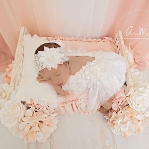 White lace Newborn romper set, Newborn photo prop, newborn romper, newborn girl romper, newborn girl photo outfit, lace romper, neutral baby