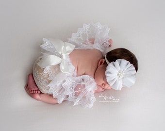 White lace Newborn romper set, Newborn photo prop, newborn romper, newborn girl romper, newborn girl photo outfit, lace romper, romper prop