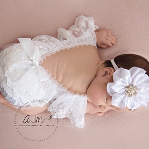White lace Newborn romper set, Newborn photo prop, newborn romper, newborn girl romper, newborn girl photo outfit, lace romper, neutral baby