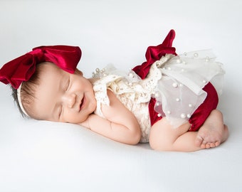 Velvet Newborn Romper Set, Baby Photo Prop with Bow Headband