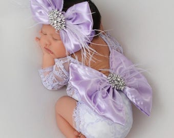 ROMPER ONLY, Lavender Fields romper, Newborn girl photo prop, newborn romper with feathers, lilac lace romper, baby girl photo prop, photo