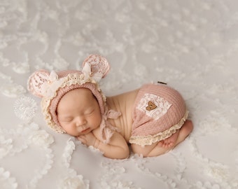 Newborn baby, Newborn girl prop set, Newborn bear bonnet, newborn girl photo outfit, newborn hat with ears, newborn girl prop, newborn girl
