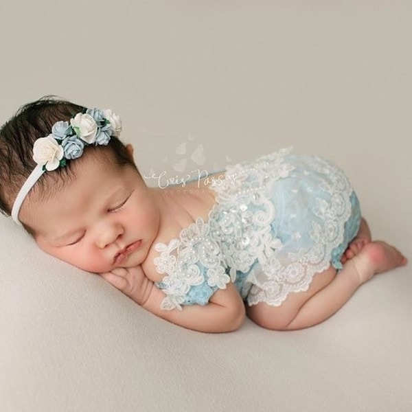 Blue princess lace Newborn romper set, Newborn photo prop, newborn romper, newborn girl romper, newborn girl photo outfit, lace romper,