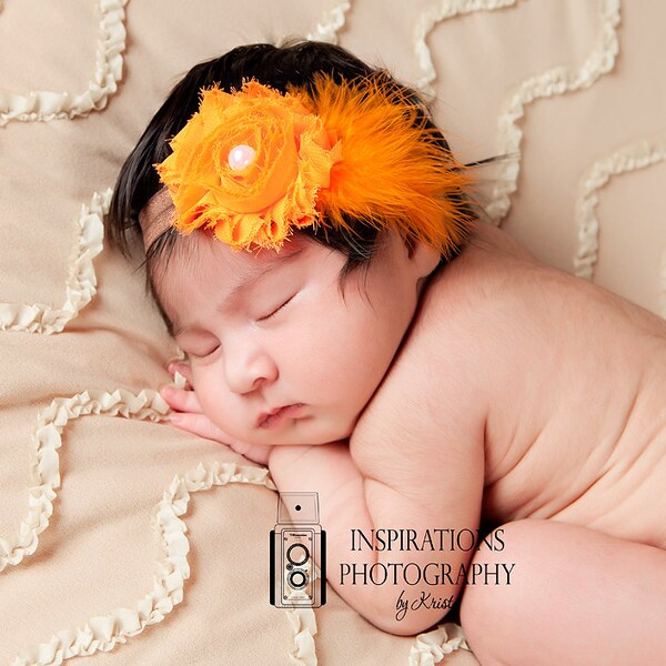 Newborn Headband, Baby Headband, Shabby Flower Headband, Couture, Feathers, Newborn, Photo Prop