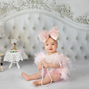 Pink Feather Baby Romper, Cakesmash Outfit, Photo Prop (6-12 Months)
