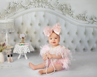 ROMPER ONLY, 6-12 month girl romper, cakesmash outfit, Baby photo prop, pink birthday romper, sitter romper, first birthday outfit, prop