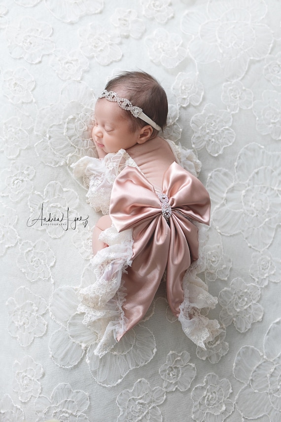 Dusty rose lace newborn romper set with bow, Newborn photo prop, newborn romper, newborn lace romper, newborn baby photo prop, baby photo