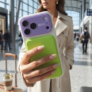 Könnte beinhalten: Eine Smartphone-Hülle mit einem hellvioletten Kameramodulbereich mit dem Text Max und einer leuchtend hellgrünen Rückseite. Die Hülle hat einen Ausschnitt für drei Kameralinsen und eine rechteckige Form für ein Mobilgerät.