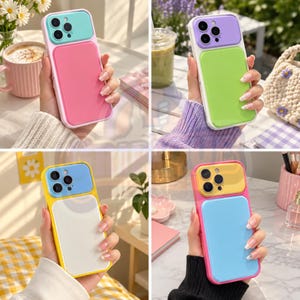 May include: A collection of four smartphone cases featuring a two-tone color block design. Each case has a rectangular camera cutout area in a contrasting color and a smooth, solid-colored back panel in various bright color combinations.