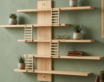 5-Tier Wooden Floating Shelf, Vintage Wall Mounted Display Rack with Ladder & Hooks, Rustic Storage Shelves for Home Decor