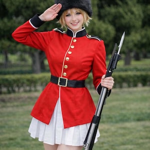 May include: A bright red military-style tunic with gold buttons, a black belt with a gold buckle, and a white pleated skirt. The outfit includes a tall black fur bearskin hat and black boots, paired with a long rifle featuring a silver bayonet.