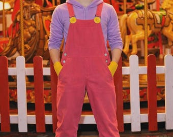 Jax Inspired Cosplay Costume, Purple Fleece Hoodie, Pink Denim Overalls, Yellow Gloves, Cartoon Bunny Cosplay, Halloween Convention Outfit