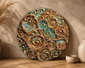 Arte de parede Mandala Dourada, Design Barroco Ornamentado, Decoração Redonda em Vidro Temperado, Decoração de Luxo para Casa