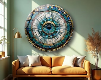 Luxury Evil Eye Glass Wall Art, Blue Mosaic Style Modern Home Decor