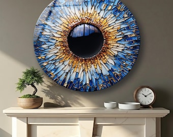 Decoración de pared moderna con diseño de ojo turco en forma de estrella: decoración de protección en azul y dorado.
