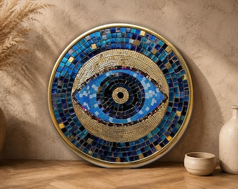 Wanddekoration mit dem Symbol des Bösen Blicks, blaues Mosaik-Schutzsymbol, spirituelle Kunst aus gehärtetem Glas