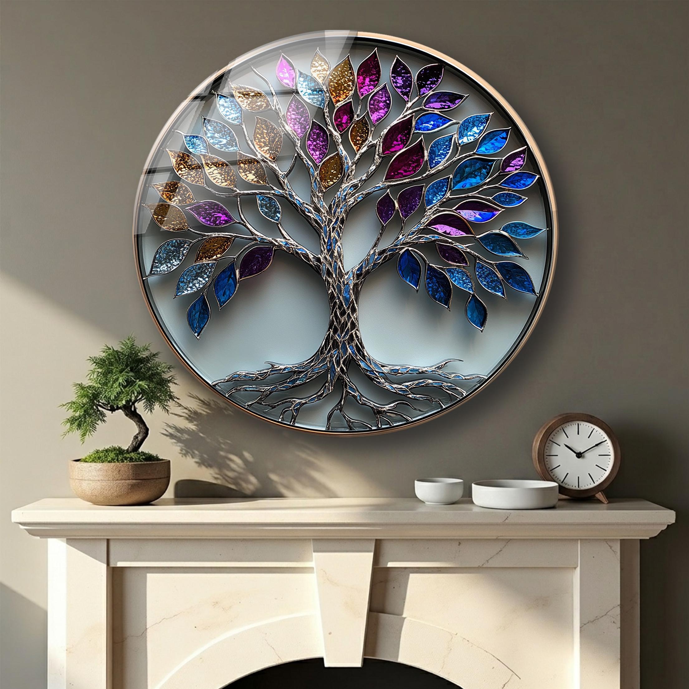 Tree of Life Glass Wall Art, Stained Glass Style Round Decor, Sapphire, Violet, Leaves