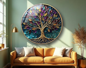 Colorful Tree of Life Glass Wall Art - Modern Round Stained Glass Effect Decor