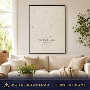 May include: A vertical rectangular wall art print featuring a black star map on a cream background. The text reads Our First Home, The Rivera Family, September 1, 2024, Nashville, TN, and coordinates. The print is enclosed in a thin black frame.