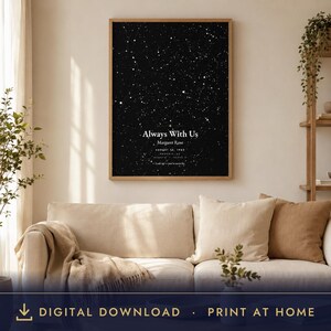 May include: A rectangular wall art print featuring a black background with a white star map. The text reads Always With Us, Margaret Rose, August 14, 1963, Phoenix, AZ, and Look up - you're never far. The print is enclosed in a light wood frame.
