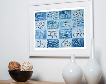 Blue stamp triathlon -Triathlon Art Print -  Triathlon wall decor - Gift for Triathlete