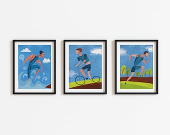 Set of 3 triathlon illustration art prints /  Triathlon wall decor - Gift for Triathlete- Swim, Bike, Run Poster