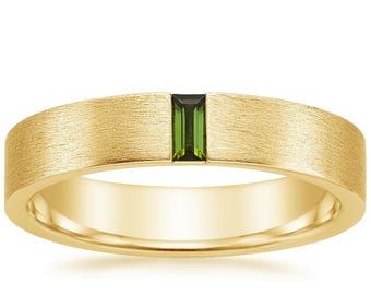 Green Tourmaline Baguette Wedding Band, Brushed Flat Profile, 4.5mm