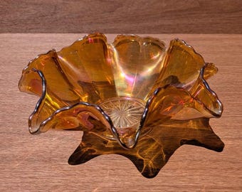 Vintage Marigold Carnival Glass Falowana misa z opalizującym pomarańczowym bursztynowym szkłem artystycznym