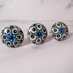Set of 3 Hand Painted Ceramic Drawer Knobs Blue White Black Cabinet Pulls