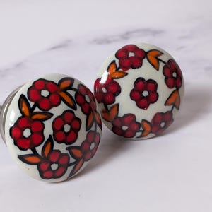 Hand Painted Ceramic Drawer Knobs: Red Floral Cottage Farmhouse Decor