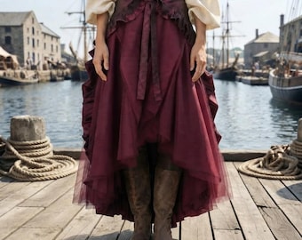 Burgundy Ruffle Maxi Skirt, Vintage Boho Gathered Silhouette, Cottagecore Style