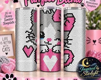 May include: Three cylindrical 20 oz skinny tumblers featuring a rhinestone template design of a cat with pink and white hearts. The text Purrfect Blend is displayed at the top. The pattern consists of a white, gray, and pink hexagonal grid.