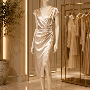 May include: A champagne-colored satin midi dress featuring a V-neckline, short cap sleeves, and a wrap-style bodice. The waist is accented with a vertical row of small buttons, leading into a draped skirt with a side slit and matching heels.