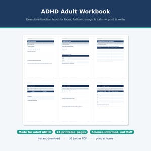 ADHD Arbeitsbuch für Erwachsene, Planer für Exekutivfunktion & Arbeitsblätter, Aufgabenstruktur, Zeitblockierung, Fokus- und Routine-Tools, druckbare PDF-Datei