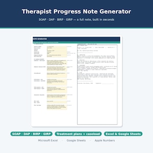 Therapist Progress Note Generator Spreadsheet, SOAP DAP BIRP Session Notes, Treatment Plan Template, Excel & Google Sheets