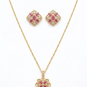 Floral Pendant Necklace and Stud Earrings Set, Pink Ruby CZ Gold Plated Flower Jewelry