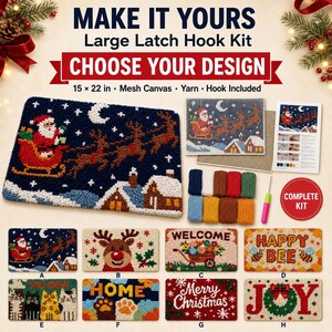 May include: A large latch hook kit measuring 15 x 22 inches, featuring a mesh canvas, yarn, and a hook. The kit includes various designs such as Santa in a sleigh, reindeer, a snowman, floral carts, bees, cats, and holiday text like Merry Christmas and Joy.