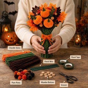 May include: A DIY craft kit featuring orange, green, and brown chenille stems, floral wire, green floral tape, small pom-poms, wooden buttons, and scissors. The kit includes materials to create a bouquet of orange pumpkins and autumn leaves.