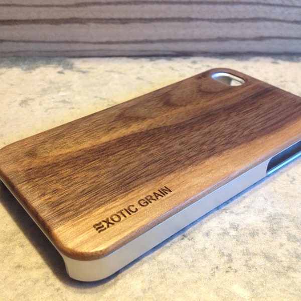 real wood IPHONE 5/5s case ,exotic walnut with  sharp metal looking  silver edges