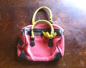 Pink Tweed Purse with Lime Green Velvet Handles and Dark Brown Leather Trim