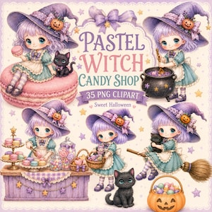 May include: A digital illustration set titled PASTEL WITCH CANDY SHOP 35 PNG CLIPART Sweet Halloween featuring chibi-style characters with purple hair, witch hats, and teal dresses, accompanied by black cats, pumpkins, and candy shop items.